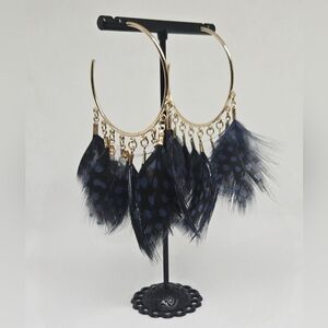 Elegant Gold and Black Feather Hoop Earrings